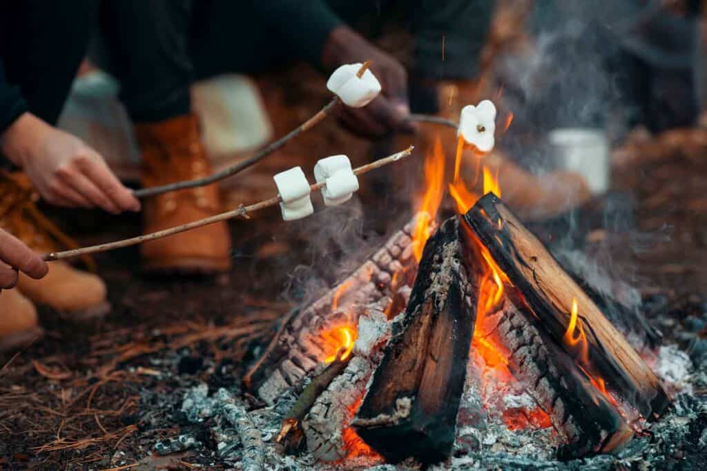Mehrere Hände halten Stöcke mit Marshmallows über einem knisternden Lagerfeuer, um sie zu rösten.