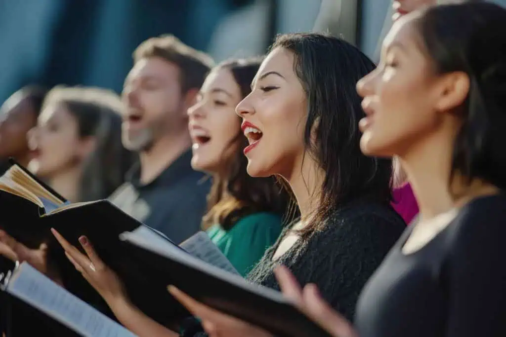Ein Chor singt mit geöffneten Mündern und blickt nach rechts, einige halten Notenblätter in den Händen, das Licht scheint von der Seite auf sie.