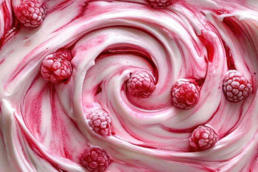 Nahaufnahme von Himbeer-Swirl-Eiscreme oder Joghurt, mit ganzen Himbeeren, die in die rosa und weiße Wirbeloberfläche eingebettet sind.