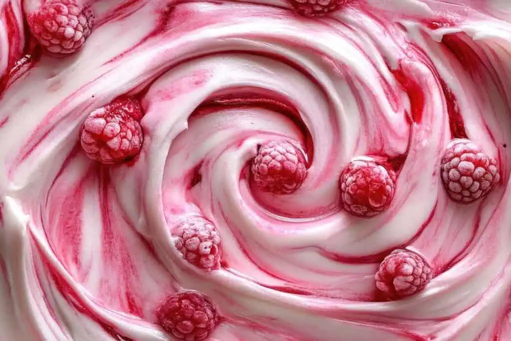 Nahaufnahme von Himbeer-Swirl-Eiscreme oder Joghurt, mit ganzen Himbeeren, die in die rosa und weiße Wirbeloberfläche eingebettet sind.
