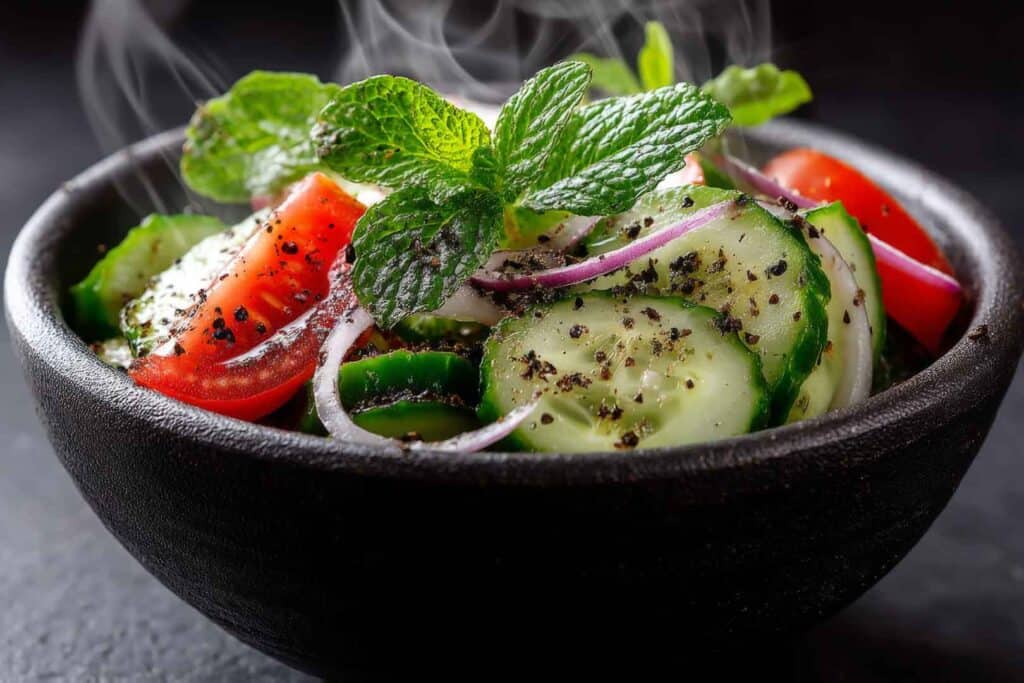 Eine Nahaufnahme einer schwarzen Schale, gefüllt mit einem Salat aus aufgeschnittenen Gurken, Tomaten und roten Zwiebeln, bestreut mit Gewürzen und garniert mit frischer Minze, wobei leichter Dampf aufsteigt.